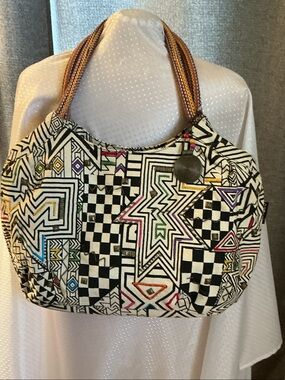 Black & White Geometric Star-Print Shoulder Bag with Multicolor Accents